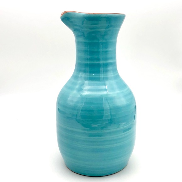 Large Pottery Vase Decanter Pitcher Aqua Blue Glossy Glazed Redware - Picture 2 of 10